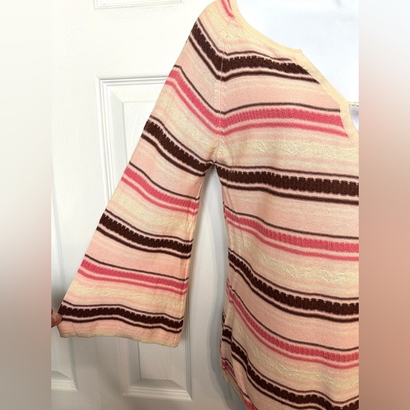 Anthropologie MOTH Sweater Keyhole Button Bell Sleeve Pink Ivory Brown Knit - Picture 5 of 8